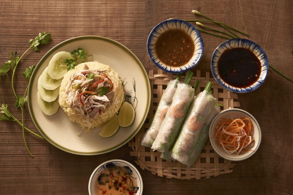 Vietnamese chicken rice and spring rolls