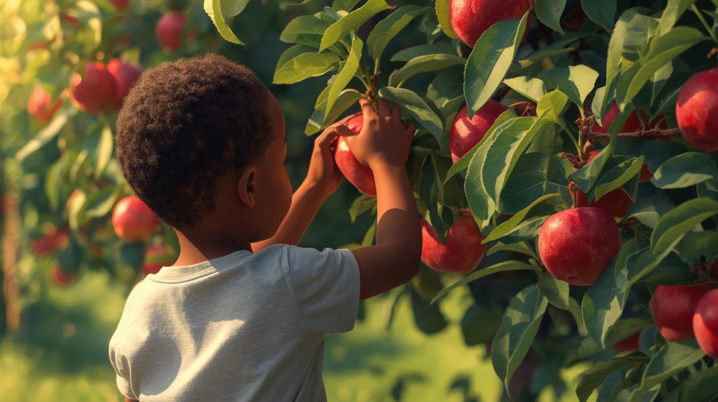 small boy picking apples