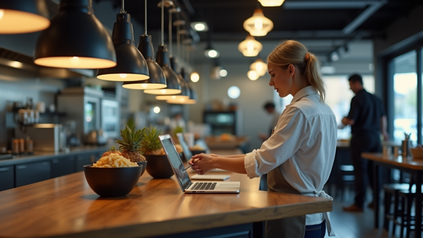 Eye-level view of a modern restaurant kitchen with digital order screens