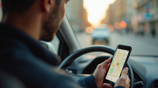 Close-up view of a delivery driver using a smartphone with a map app