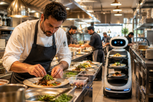 chef with robot in the background