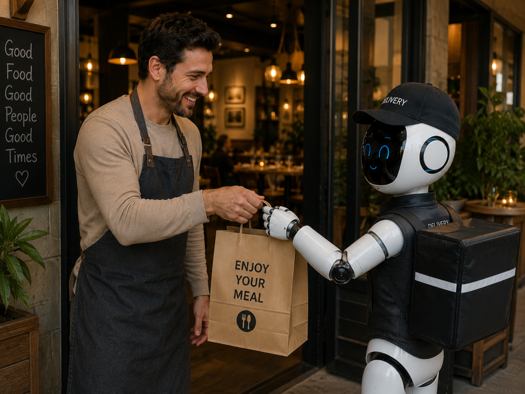 restaurant staff handing food bag to delivery robot
